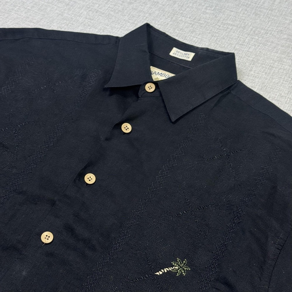 Bamboo Cay Button-Up Shirt Mens M Black Short Sleeve Linen Cotton Embroidered